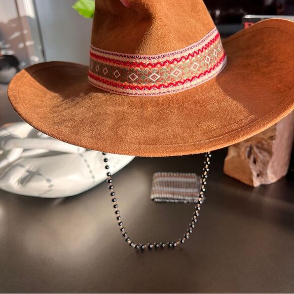 Tan Suede Wide-Brim Hat with Patterned Boho Band - Picture 3 of 7